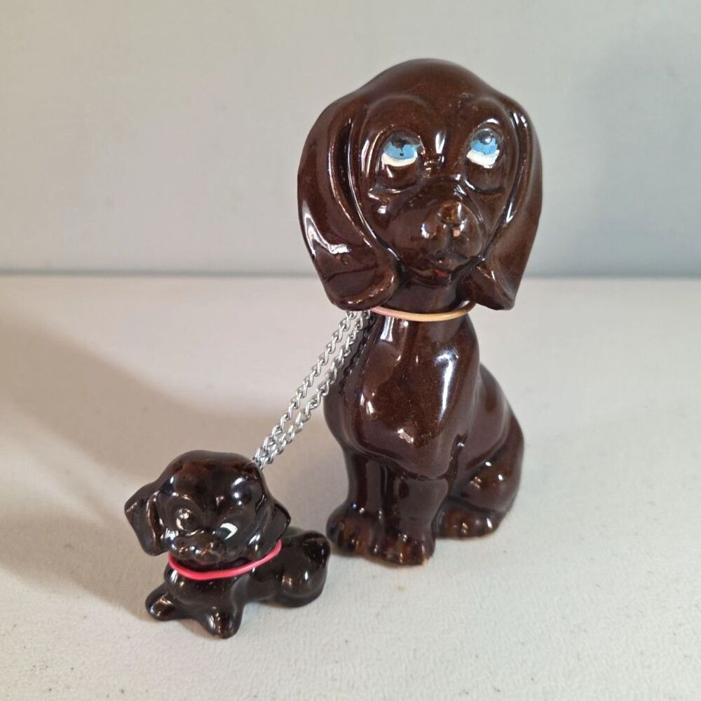 Vintage MCM Chained Dog Figurine Brown Hound Mom & Puppy Taiwan Kitsch - TLC
